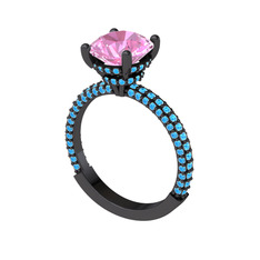 Rani Tektaş Yüzük - Pembe kuvars ve akuamarin 925 ayar siyah rodyum kaplama gümüş yüzük #11enh69
