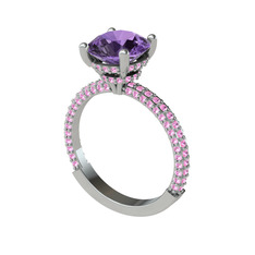 Rani Tektaş Yüzük - Ametist ve pembe kuvars 14 ayar beyaz altın yüzük #1qwmlze