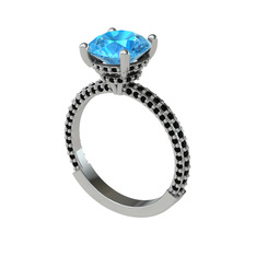 Rani Tektaş Yüzük - Akuamarin ve siyah zirkon 8 ayar beyaz altın yüzük #1sz87xs