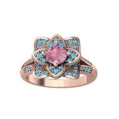 Taşlı Lotus Çiçeği Yüzük - Pembe kuvars ve akuamarin 18 ayar rose altın yüzük #107f0sw