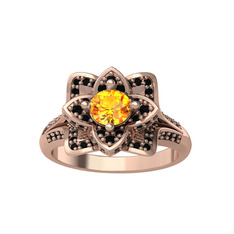 Taşlı Lotus Çiçeği Yüzük - Sitrin ve siyah zirkon 8 ayar rose altın yüzük #11v8rq2