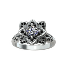 Taşlı Lotus Çiçeği Yüzük - Swarovski ve siyah zirkon 8 ayar beyaz altın yüzük #120smew