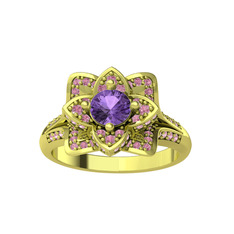 Taşlı Lotus Çiçeği Yüzük - Ametist ve pembe kuvars 14 ayar altın yüzük #12idqke