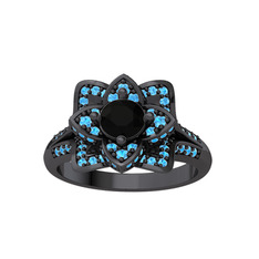 Taşlı Lotus Çiçeği Yüzük - Siyah zirkon ve akuamarin 925 ayar siyah rodyum kaplama gümüş yüzük #12j6cgz