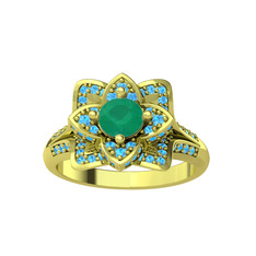 Taşlı Lotus Çiçeği Yüzük - Kök zümrüt ve akuamarin 925 ayar altın kaplama gümüş yüzük #12q450y