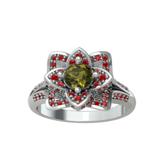 Taşlı Lotus Çiçeği Yüzük - Peridot ve garnet 8 ayar beyaz altın yüzük #13aq7zl