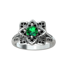Taşlı Lotus Çiçeği Yüzük - Yeşil kuvars ve siyah zirkon 18 ayar beyaz altın yüzük #13mw5be