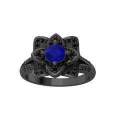 Taşlı Lotus Çiçeği Yüzük - Lab safir ve siyah zirkon 925 ayar siyah rodyum kaplama gümüş yüzük #1416xwa