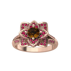 Taşlı Lotus Çiçeği Yüzük - Dumanlı kuvars ve rodolit garnet 18 ayar rose altın yüzük #144n546