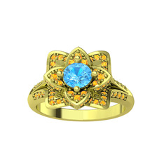 Taşlı Lotus Çiçeği Yüzük - Akuamarin ve sitrin 14 ayar altın yüzük #14cmyiq