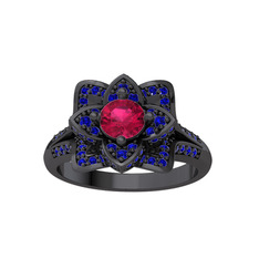 Taşlı Lotus Çiçeği Yüzük - Rodolit garnet ve lab safir 925 ayar siyah rodyum kaplama gümüş yüzük #1566yrc