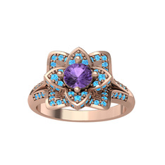 Taşlı Lotus Çiçeği Yüzük - Ametist ve akuamarin 14 ayar rose altın yüzük #16tpv79