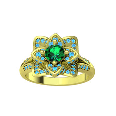 Taşlı Lotus Çiçeği Yüzük - Yeşil kuvars ve akuamarin 8 ayar altın yüzük #17e1b00