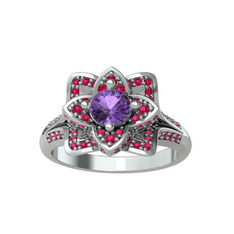 Taşlı Lotus Çiçeği Yüzük - Ametist ve rodolit garnet 8 ayar beyaz altın yüzük #1atjwrv