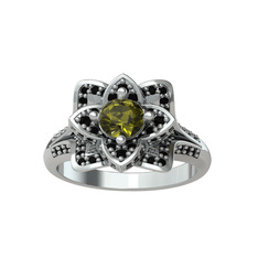 Taşlı Lotus Çiçeği Yüzük - Peridot ve siyah zirkon 18 ayar beyaz altın yüzük #1b7uyr8