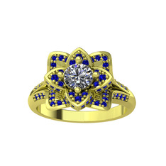 Taşlı Lotus Çiçeği Yüzük - Swarovski ve lab safir 18 ayar altın yüzük #1bvq866