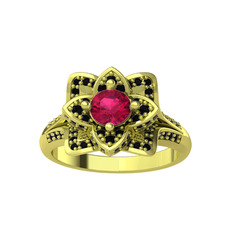 Taşlı Lotus Çiçeği Yüzük - Rodolit garnet ve siyah zirkon 18 ayar altın yüzük #1ctfvk9