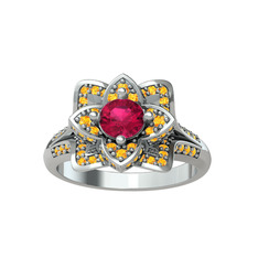 Taşlı Lotus Çiçeği Yüzük - Rodolit garnet ve sitrin 14 ayar beyaz altın yüzük #1dpqnjt