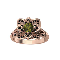 Taşlı Lotus Çiçeği Yüzük - Peridot ve siyah zirkon 14 ayar rose altın yüzük #1htgfde