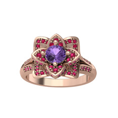Taşlı Lotus Çiçeği Yüzük - Ametist ve rodolit garnet 8 ayar rose altın yüzük #1iz556t