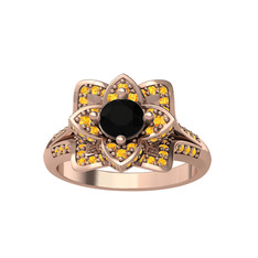 Taşlı Lotus Çiçeği Yüzük - Siyah zirkon ve sitrin 8 ayar rose altın yüzük #1kmayl9