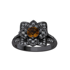 Taşlı Lotus Çiçeği Yüzük - Dumanlı kuvars ve pırlanta 925 ayar siyah rodyum kaplama gümüş yüzük (0.9064 karat) #1lbfovk