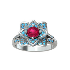 Taşlı Lotus Çiçeği Yüzük - Rodolit garnet ve akuamarin 925 ayar gümüş yüzük #1lk87o1