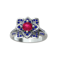 Taşlı Lotus Çiçeği Yüzük - Rodolit garnet ve lab safir 8 ayar beyaz altın yüzük #1mqkcx5