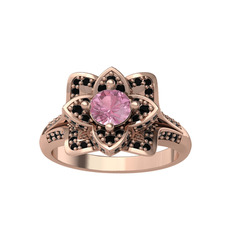 Taşlı Lotus Çiçeği Yüzük - Pembe kuvars ve siyah zirkon 18 ayar rose altın yüzük #1mvx9b