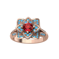 Taşlı Lotus Çiçeği Yüzük - Garnet ve akuamarin 925 ayar rose altın kaplama gümüş yüzük #1naguaa