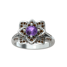 Taşlı Lotus Çiçeği Yüzük - Ametist ve dumanlı kuvars 8 ayar beyaz altın yüzük #1ne71g6