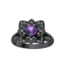 Taşlı Lotus Çiçeği Yüzük - Ametist ve swarovski 925 ayar siyah rodyum kaplama gümüş yüzük #1s1uh01