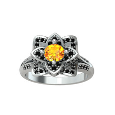 Taşlı Lotus Çiçeği Yüzük - Sitrin ve siyah zirkon 8 ayar beyaz altın yüzük #1s2g96c