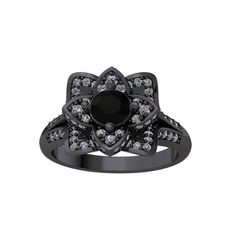 Taşlı Lotus Çiçeği Yüzük - Siyah zirkon ve swarovski 925 ayar siyah rodyum kaplama gümüş yüzük #1t7ckmj