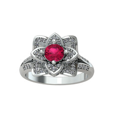 Taşlı Lotus Çiçeği Yüzük - Rodolit garnet ve swarovski 18 ayar beyaz altın yüzük #1tyxmrk