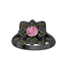 Taşlı Lotus Çiçeği Yüzük - Pembe kuvars ve peridot 925 ayar siyah rodyum kaplama gümüş yüzük #1vnl915