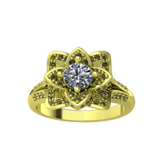 Taşlı Lotus Çiçeği Yüzük - Beyaz zirkon ve peridot 14 ayar altın yüzük #1w6rsts