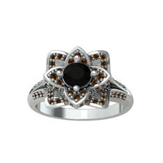 Taşlı Lotus Çiçeği Yüzük - Siyah zirkon ve dumanlı kuvars 8 ayar beyaz altın yüzük #1wjt4hc