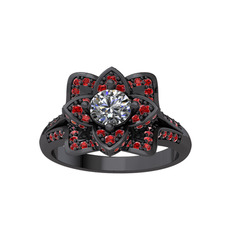 Taşlı Lotus Çiçeği Yüzük - Beyaz zirkon ve garnet 925 ayar siyah rodyum kaplama gümüş yüzük #1wkubmt