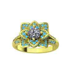 Taşlı Lotus Çiçeği Yüzük - Beyaz zirkon ve akuamarin 925 ayar altın kaplama gümüş yüzük #1wsljft