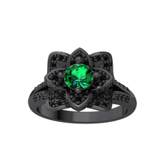 Taşlı Lotus Çiçeği Yüzük - Yeşil kuvars ve siyah zirkon 925 ayar siyah rodyum kaplama gümüş yüzük #1x9iqlc