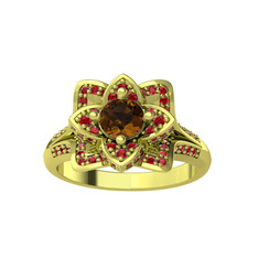 Taşlı Lotus Çiçeği Yüzük - Dumanlı kuvars ve garnet 18 ayar altın yüzük #1xcjte1
