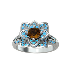 Taşlı Lotus Çiçeği Yüzük - Dumanlı kuvars ve akuamarin 8 ayar beyaz altın yüzük #1y1j8b1