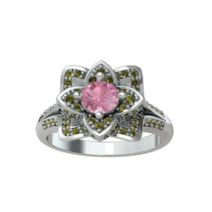 Pembe kuvars ve peridot 14 ayar beyaz altın yüzük