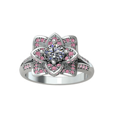 Swarovski ve pembe kuvars 14 ayar beyaz altın yüzük