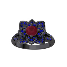 Taşlı Lotus Çiçeği Yüzük - Kök yakut ve lab safir 925 ayar siyah rodyum kaplama gümüş yüzük #1yzsqzx
