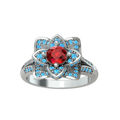 Taşlı Lotus Çiçeği Yüzük - Garnet ve akuamarin 18 ayar beyaz altın yüzük #20f2qe