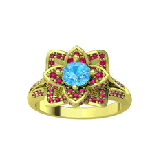 Taşlı Lotus Çiçeği Yüzük - Akuamarin ve rodolit garnet 14 ayar altın yüzük #2bue48