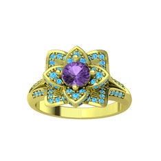 Taşlı Lotus Çiçeği Yüzük - Ametist ve akuamarin 14 ayar altın yüzük #2ubyi0