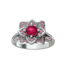 Taşlı Lotus Çiçeği Yüzük - Rodolit garnet ve pembe kuvars 18 ayar beyaz altın yüzük #3mr732